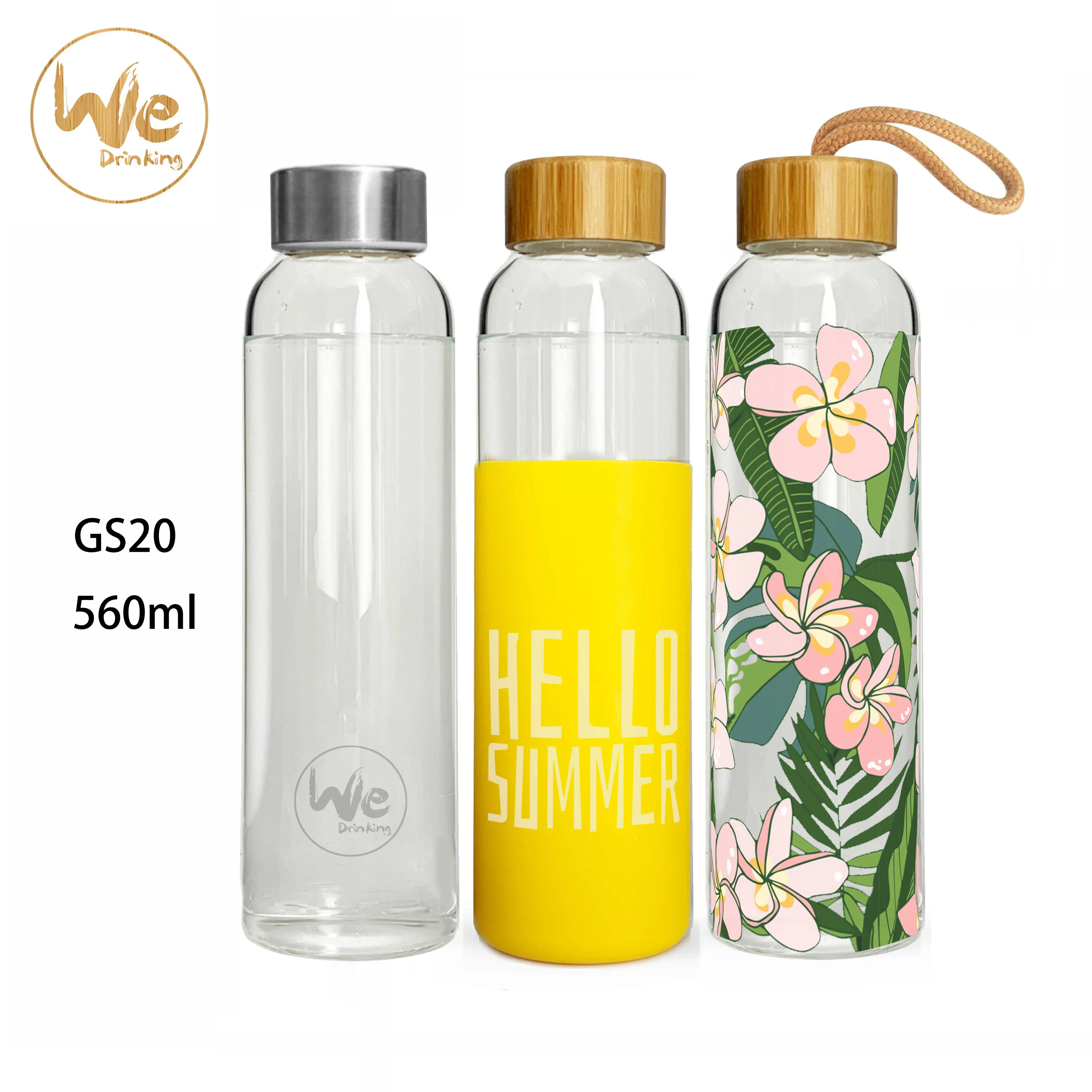 
Single Wall Glass Water Bottle Bamboo Lid with Silicone Sleeve for Hot or Cold Detox Tea 
