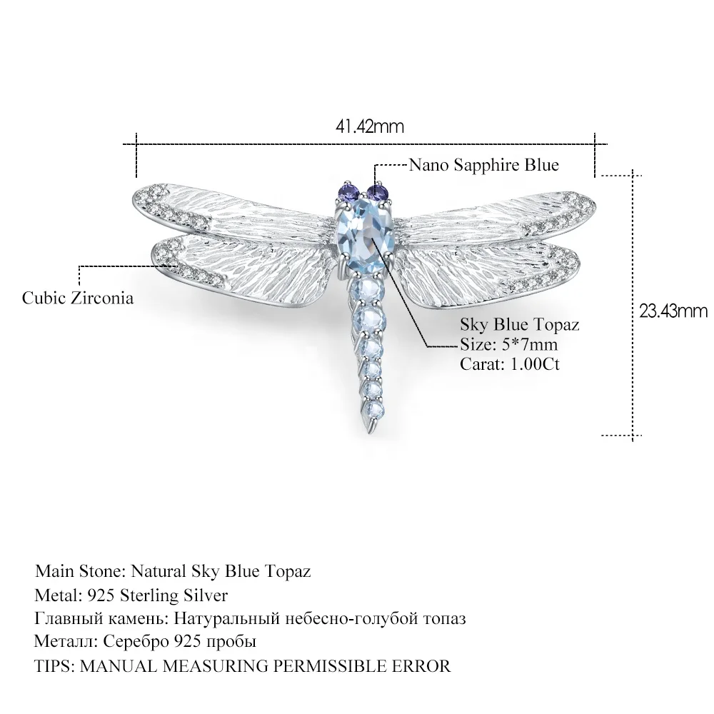 Elegant Luxury Party Jewelry Nano Sapphire Blue Sky Blue Topaz 925 Silver Animal Dragonfly Brooches For Women