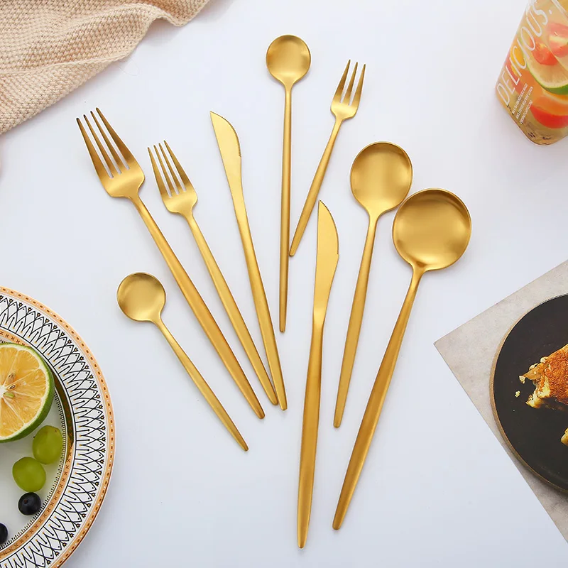 High quality Stainless steel 304 gold flatware matte gold spoon fork knife cutlery set gold flatware set