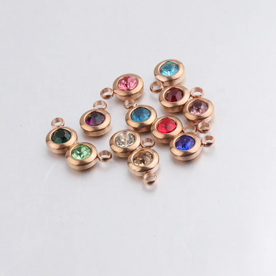 6.5MM Crystal Stainless Steel Round Birthstone Charms Pendant For DIY Necklace Bracelets Jewelry Making Rose Gold Plated Jewelry
