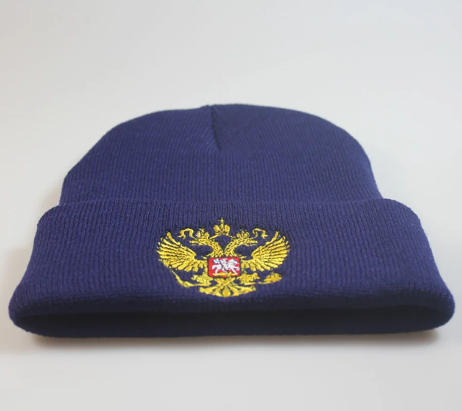 Popular Russia National Emblem Badge Embroidery Knitted Hat Sleeve Cap Autumn Winter Warm Hat Cold Beanie