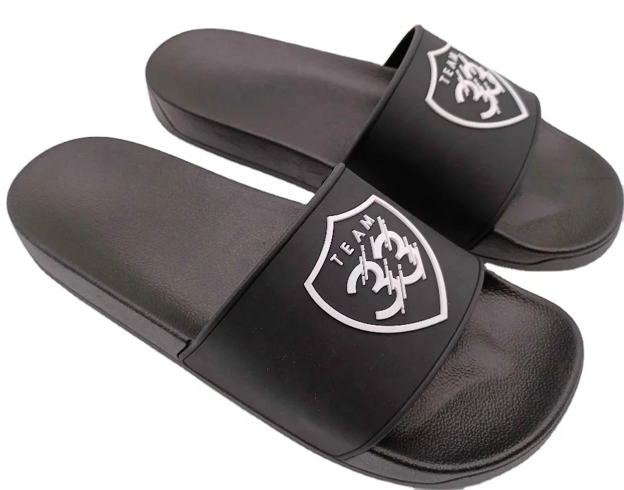 high quality Black Unisex PVC 3d printing rubber raised logo embossed slide slippers