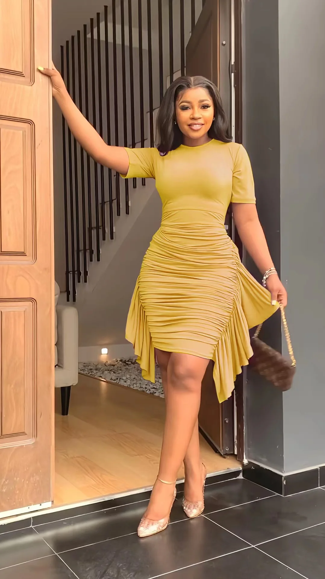 J&H 2022 summer short sleeve career dresses ladies elegance bodycon ruched dress with side fringe causal dress chics for women