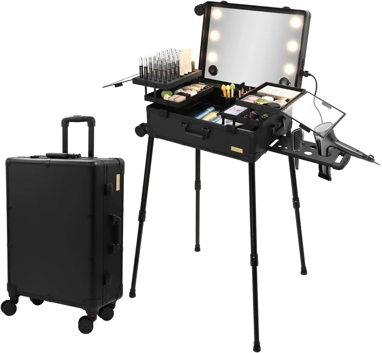 Large Aluminum Trolley Makeup Train Case with Built-in LED Lights Professional Cosmetic Organizer Studio with