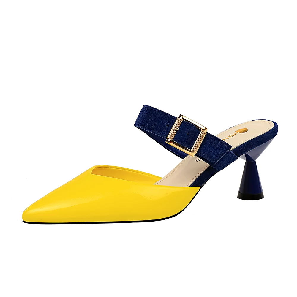 
906-2 Fashion with high-heeled patent leather shallow mouth pointed color word belt buckle buckle Baotou half slippers 