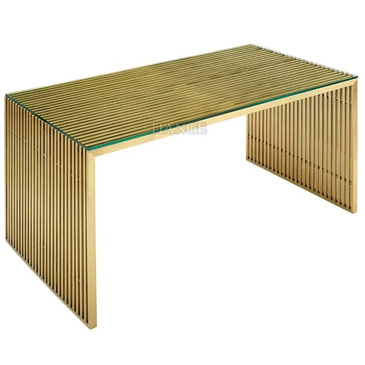 Современный промышленный современный золотистый трубчатый обеденный стол из нержавеющей стали с закаленным стеклом