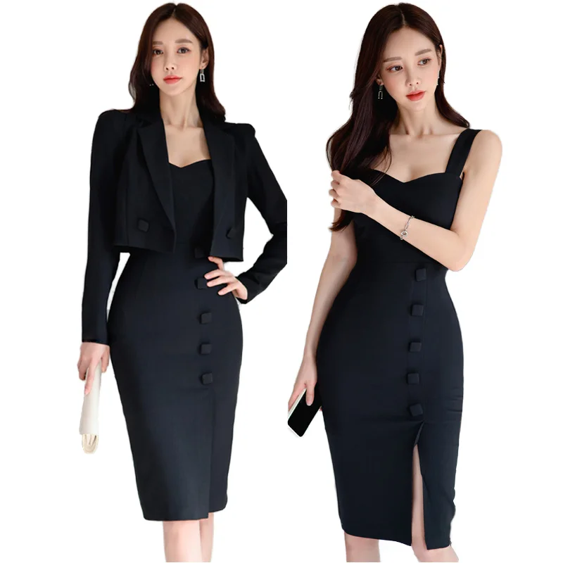 Wholesale Dress And Coat Elegant Korean Dress Women 2 Pieces Suit White Vest Skirt Jacket Set Office Woman Suit Uniforms Dresses