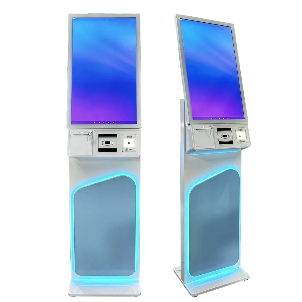 27 inch Android floor standing touch screen self service self checkout food ordering bill payment kiosk with QR Printer