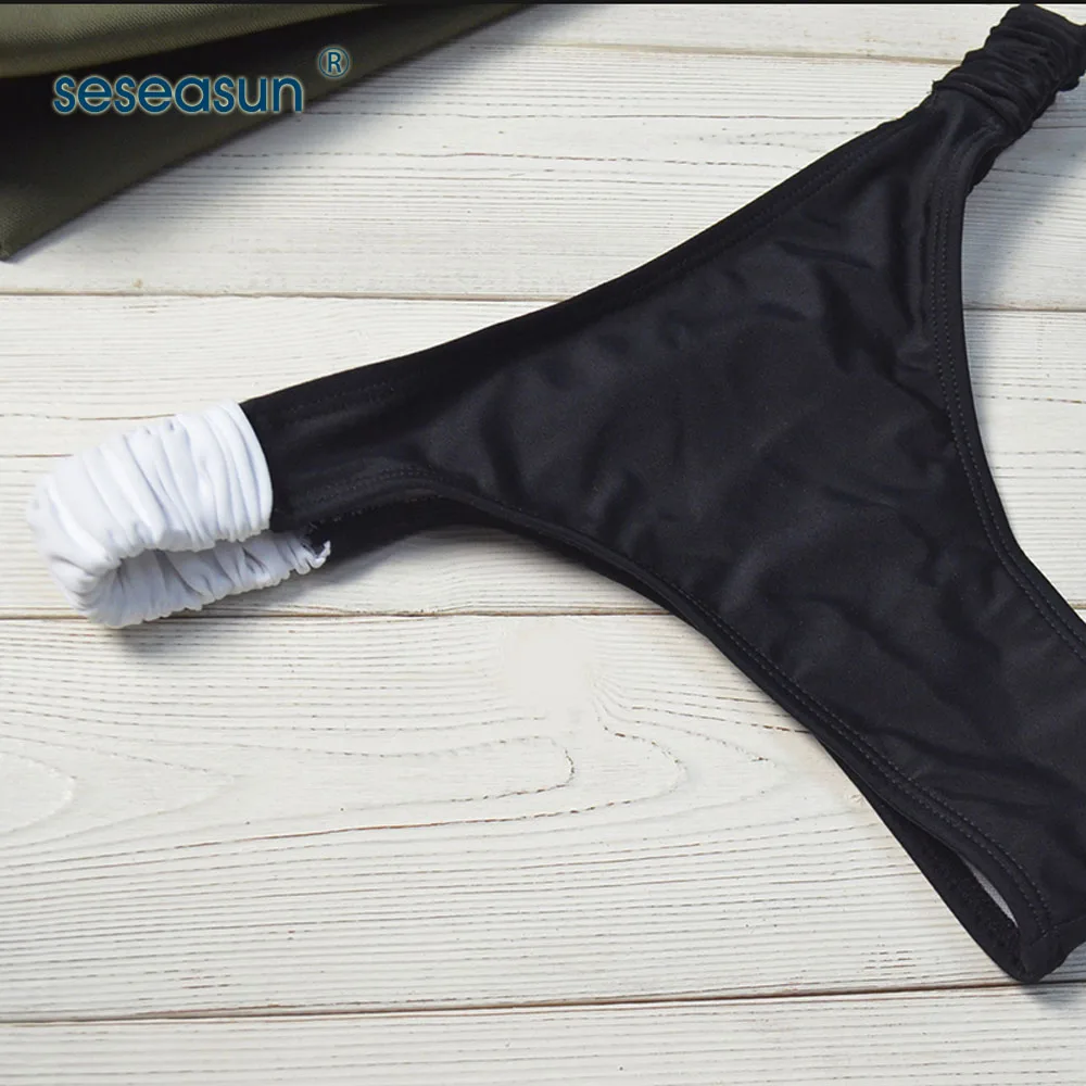 
SESEASUN Black and White Patchwork Bikini Set Bandeau Two Piece Swimwear Women Triangle Thong Split Swimsuit Biquini Beachwear 