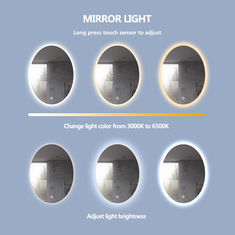 Shower Mirror Oval Frameless Wall Mounted Mirror with LED Lighting and IR Sensor
