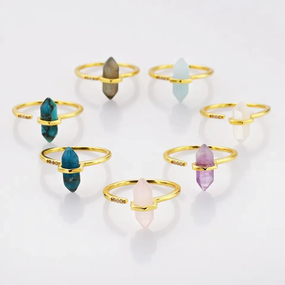 A1074 Natural Healing Raw Stones Crystal Gemstone Women Ring Jewelry Sets double point stone ring