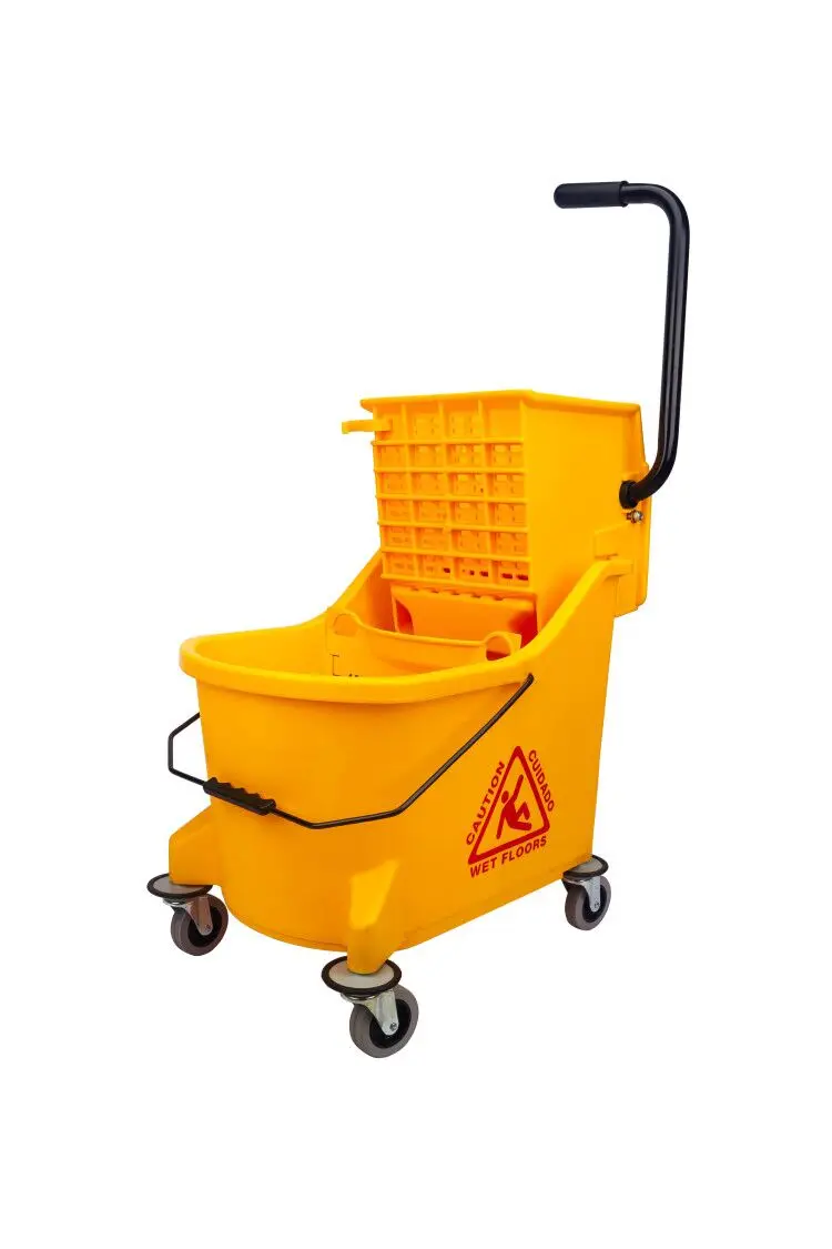 hot sale yellow plastic hospital cleaning side press 33 ltr mop wringer bucket cleaning trolley with 4 wheels