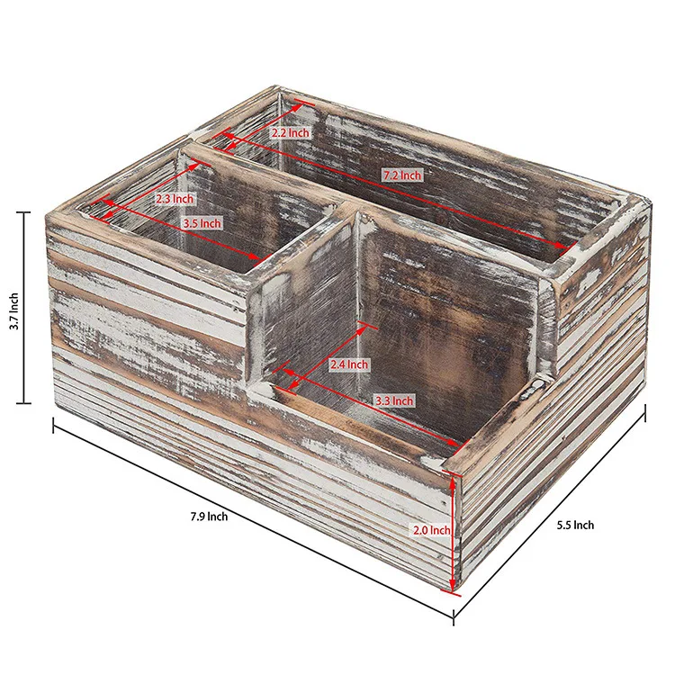 
Rustic Torched Wood Desktop Office Supplies Caddy & 3 Slot Letter Mail Sorter Organizer 