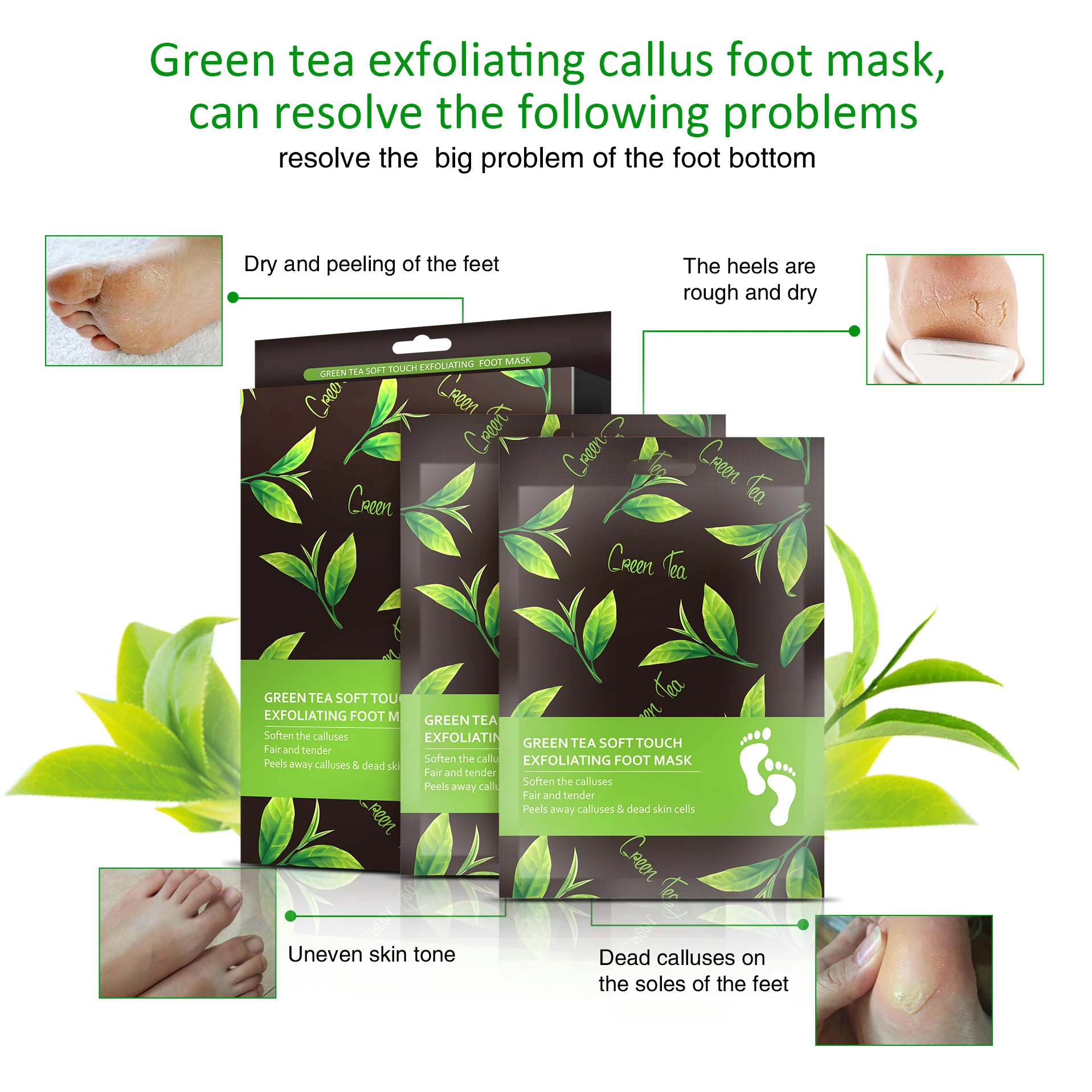  OEM Green Tea Foot Peel Mask Socks White Soft Feet Nourishing Dead Skin Removal Exfoliating