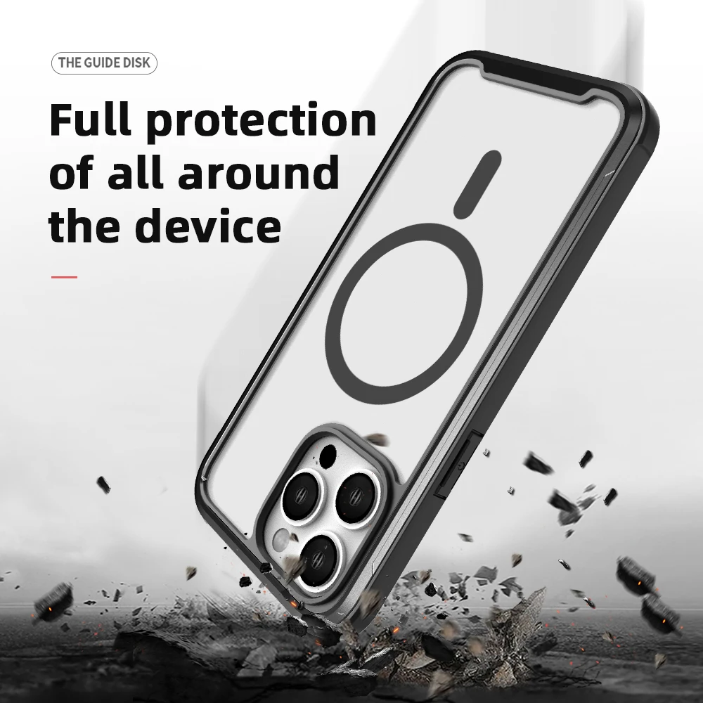 Wholesale For iPhone 13 14 Pro Max Luxury Wireless Charging Magnetic Back Cover Black Aluminum Frame Protective Phone Case