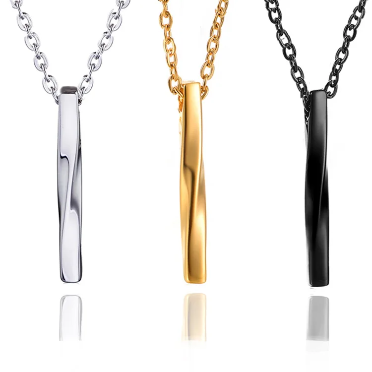Pawnable Fashion Men Rectangle Shaped Vertical Pendant Gold Long Thin Stainless Steel Clavicular Chain Necklace Jewelry