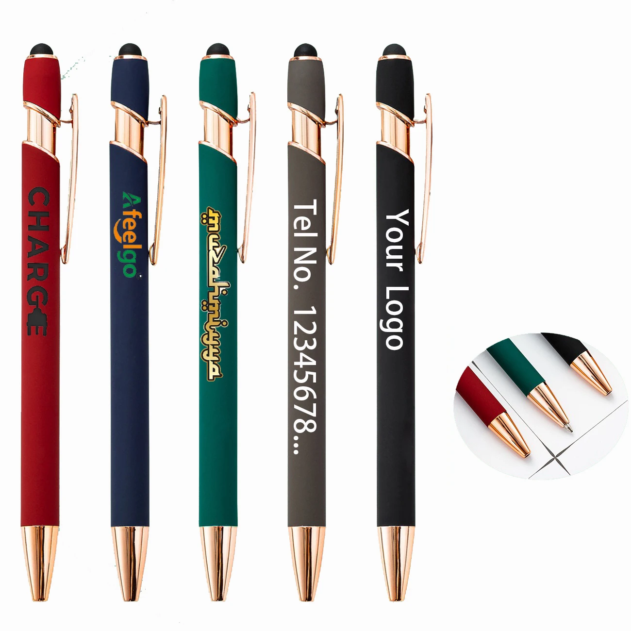 2 в 1 емкостные многофункциональные металлические шариковые ручки алюминиевый экран гравированный логотип стилус ручка из розового золота 1015