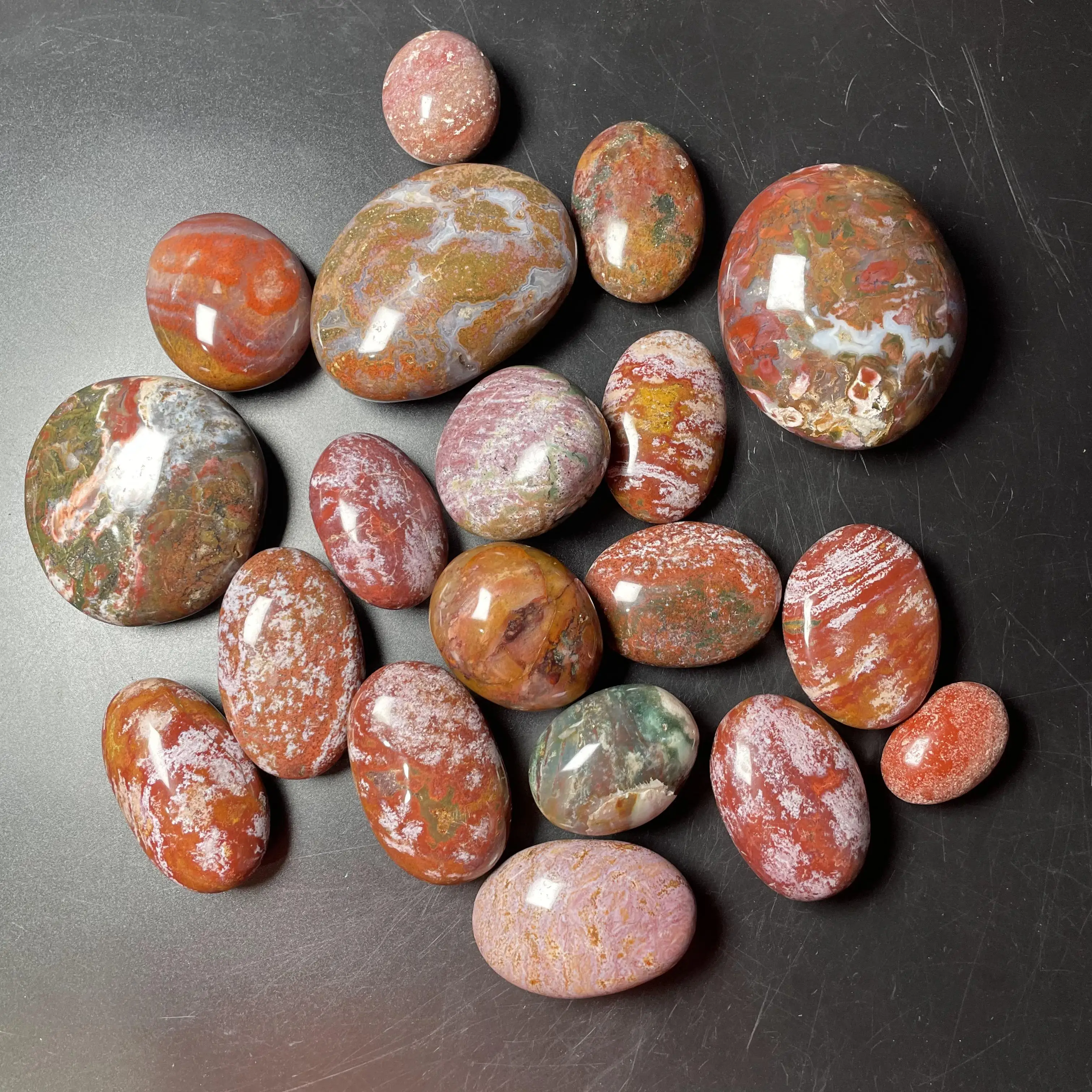 Wholesale natural cheap high quality red pink ocean jasper palm stone colorful crystal ocean jasper healing stones