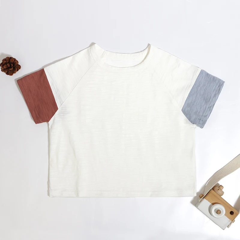 New Fashion Summer Children Clothes Organic Slub Cotton Short Sleeves Color Clashing Design Kids Tops Crew Neck Kids T-Shirt