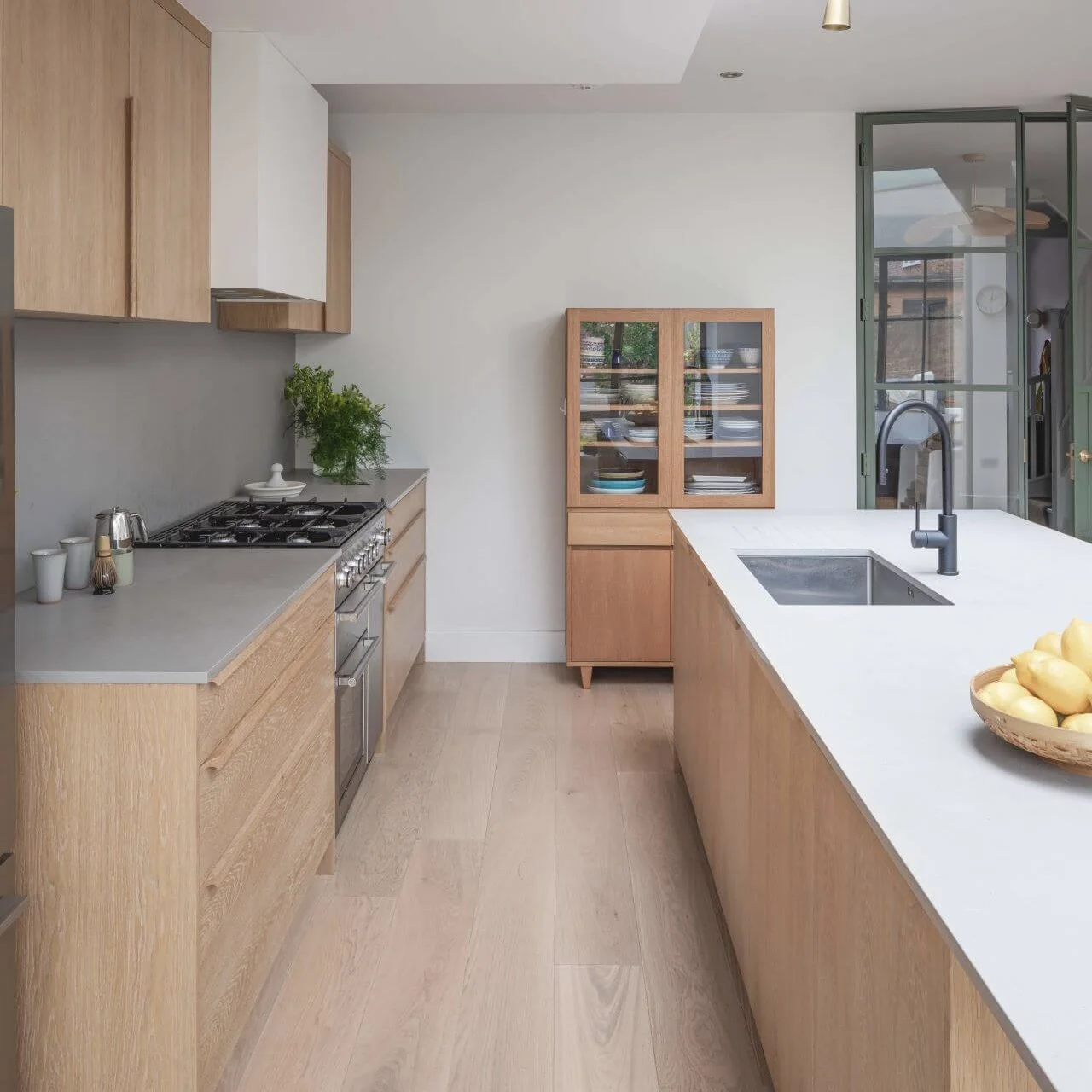 Contemporary Style Kitchen Island with Light Wood Cabinets Sink Built-In Refrigerator MDF Solid Oak Material Modern Design