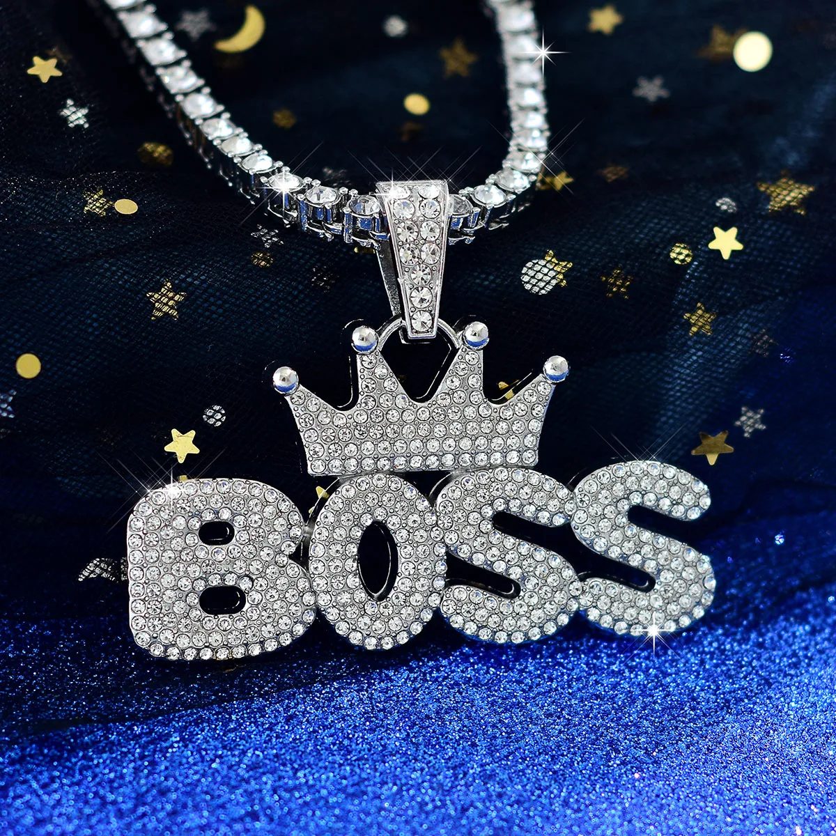 Iced Out Bling Men Hip Hop Jewelry Micro Paved 5A Rhinestone Crown Letter Boss Cool Sparking Rock Punk Pendant