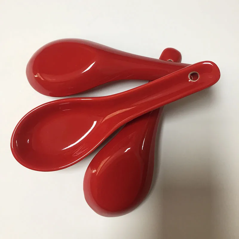 Festive Color Glaze Wedding Red Ceramic Soup Chinese Rice Noodle Spoon Gift Set