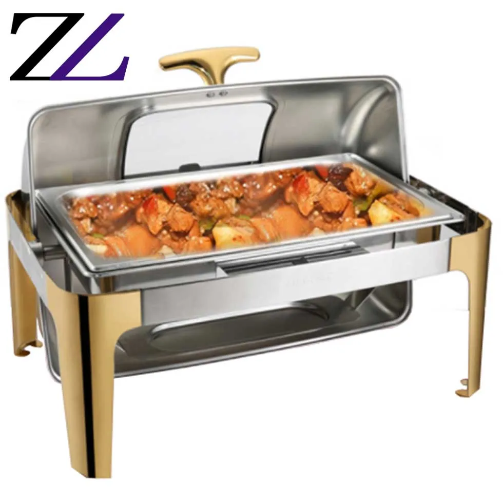 Catering buffet serving stove chaffers square widows food warmer roll-top lid chaffer stainless steel modern chafing dish deluxe