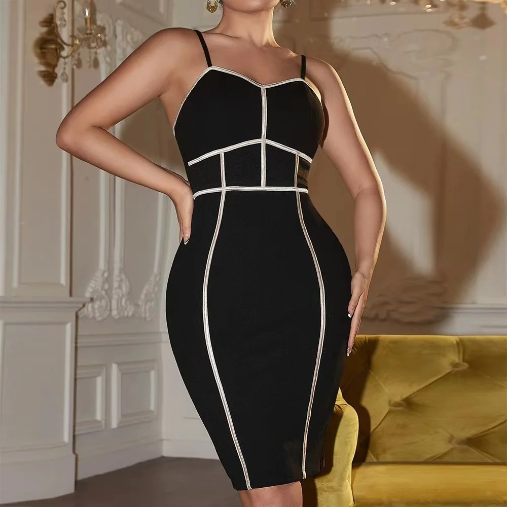 2023 Sexy Woman Black Color Block Spaghetti Straps Bodycon Dresses For Women