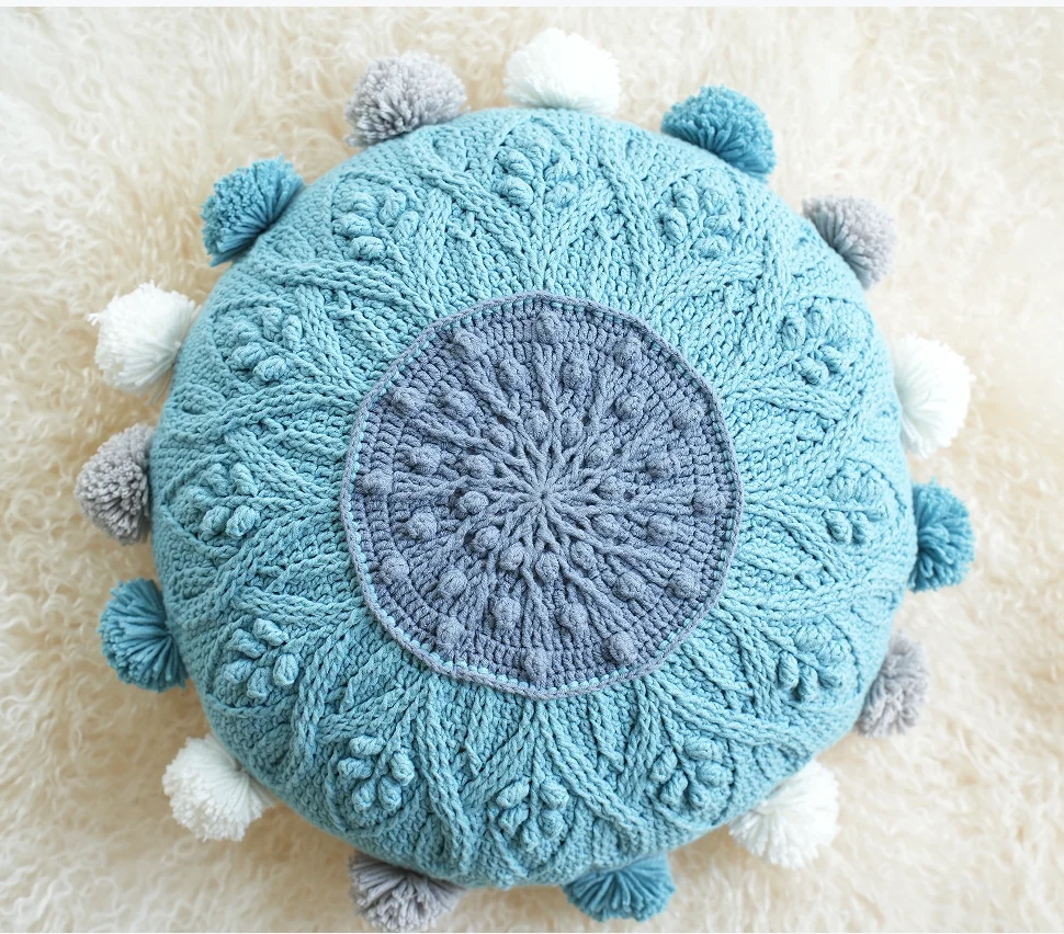 Knitted Throw Pillow Round Couch Pillow Sofa Cute Cushion Handmade Pompoms Decorative Plush Pillow
