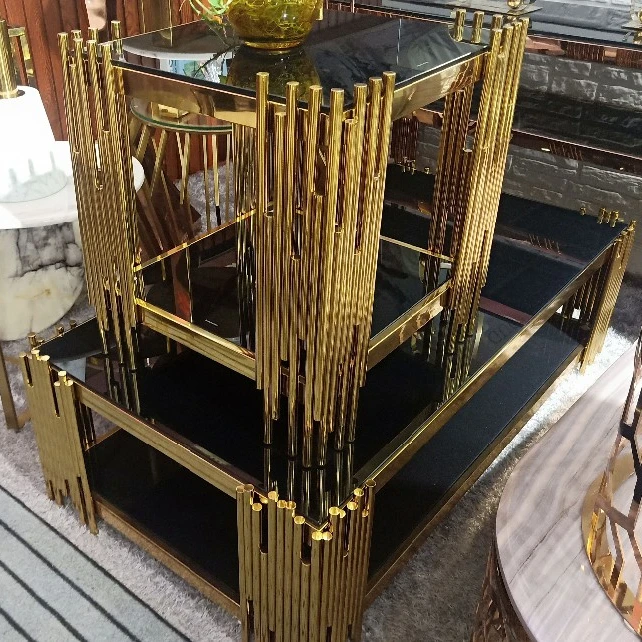 Hot Foshan Furniture Stainless Steel Table Basse Square Black Glass Coffee Table Modern Living Room Centre Tables in Gold Metal