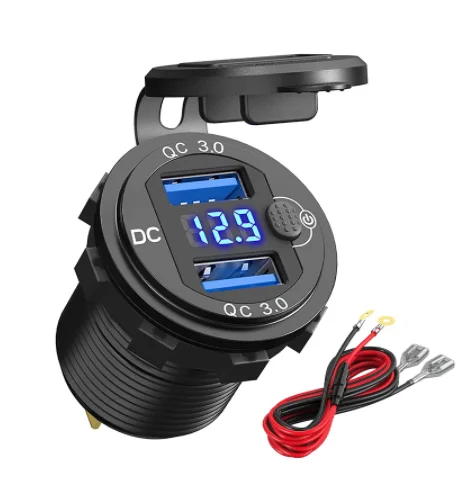 Quick Charge 3.0 Dual USB Socket Charger Power Outlet Black Aluminum Housing USB Charger With LED Voltmeter&Switch For Car