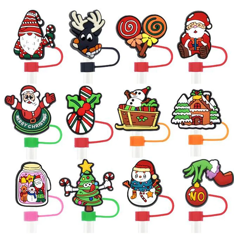 cartoon christmas straws tip cover cap muti cute animal straws toppers bulk decoration charms dust plug accessories for stanley