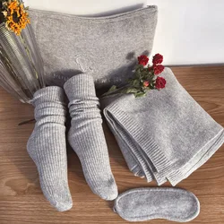Custom knitted pure cashmere blanket eyemask socks cozy cachemire 100% cashmere travel set with bag pouch