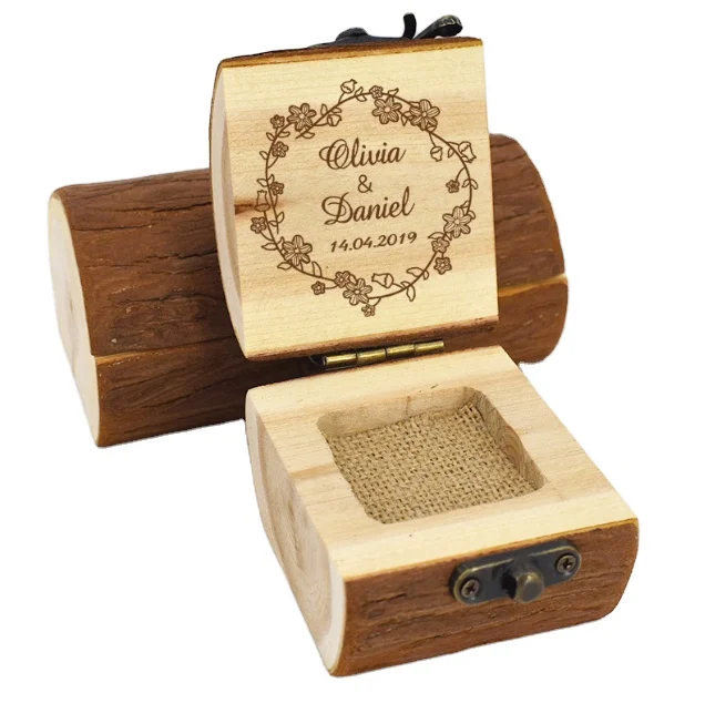 Rustic Style Wooden Ring Box Handmade Solid Wood Wedding Ring Case Gift