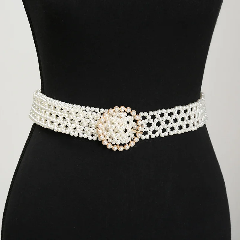 REWIN Fashion Handmade High Quality Lady Pearl Weaved Beaded Chain Waist Belt for Women Dress
