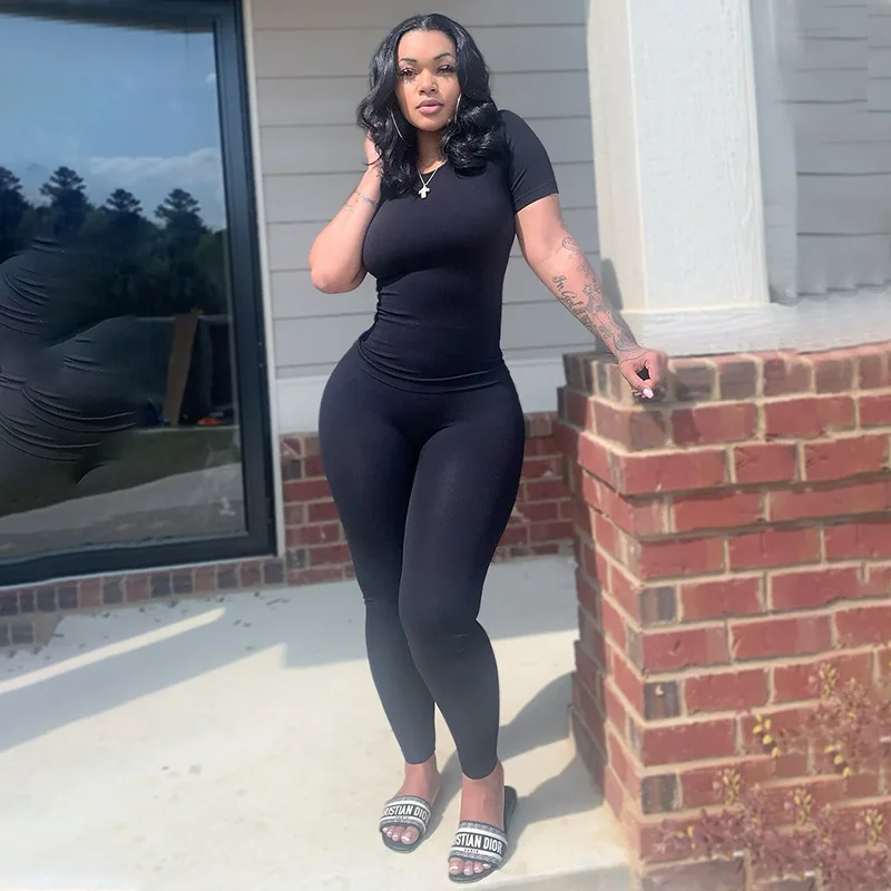 Summer Lounge Wear Women Clothing 2023 Solid Knitted Ribbed Two Piece Jogger Set Women Short Sleeves Skinny Legging Pant Set