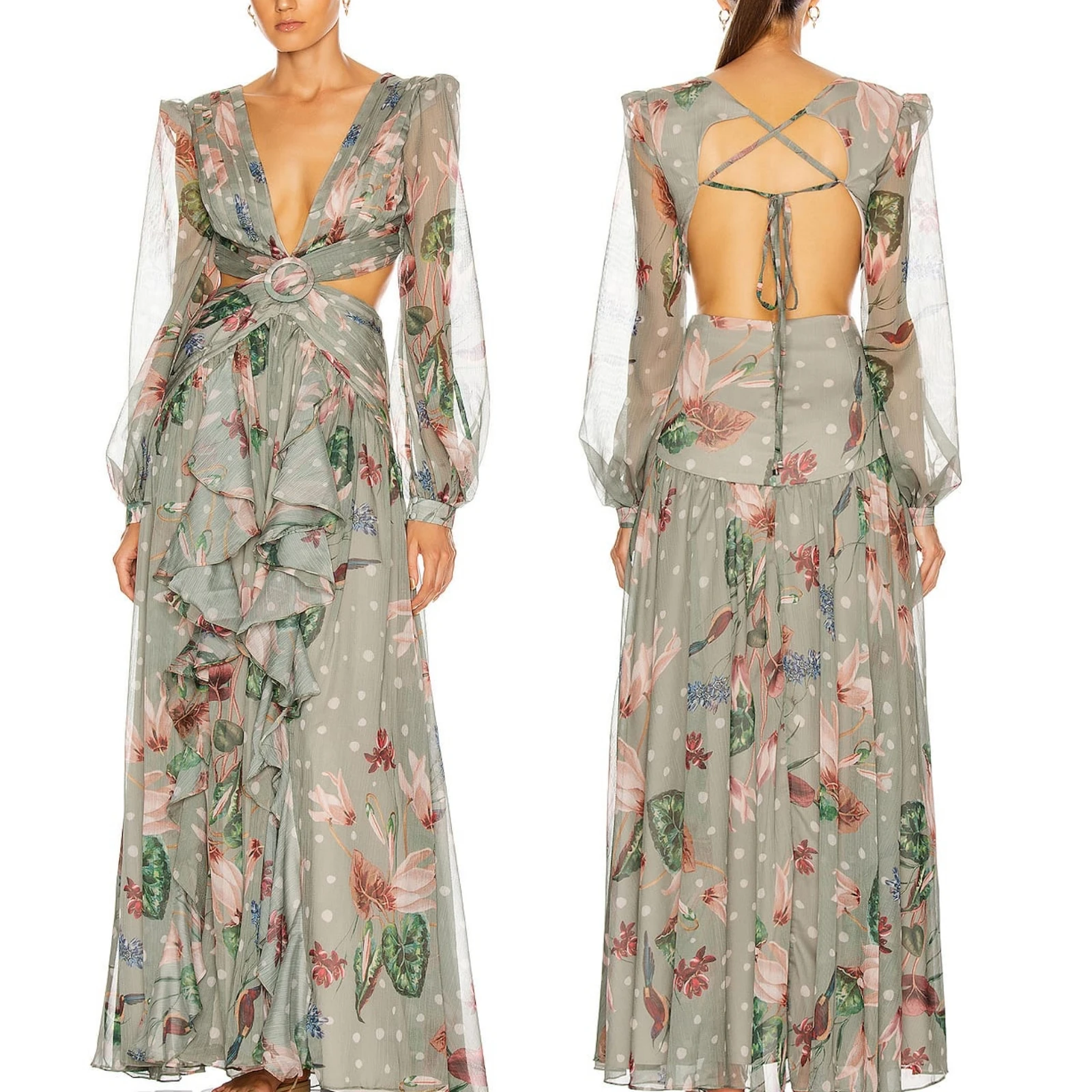 High End Design Fashion OEM Manufacture Wholesale Custom Summer Puffed Sleeve Cut Out Maxi Dress With Floral Print