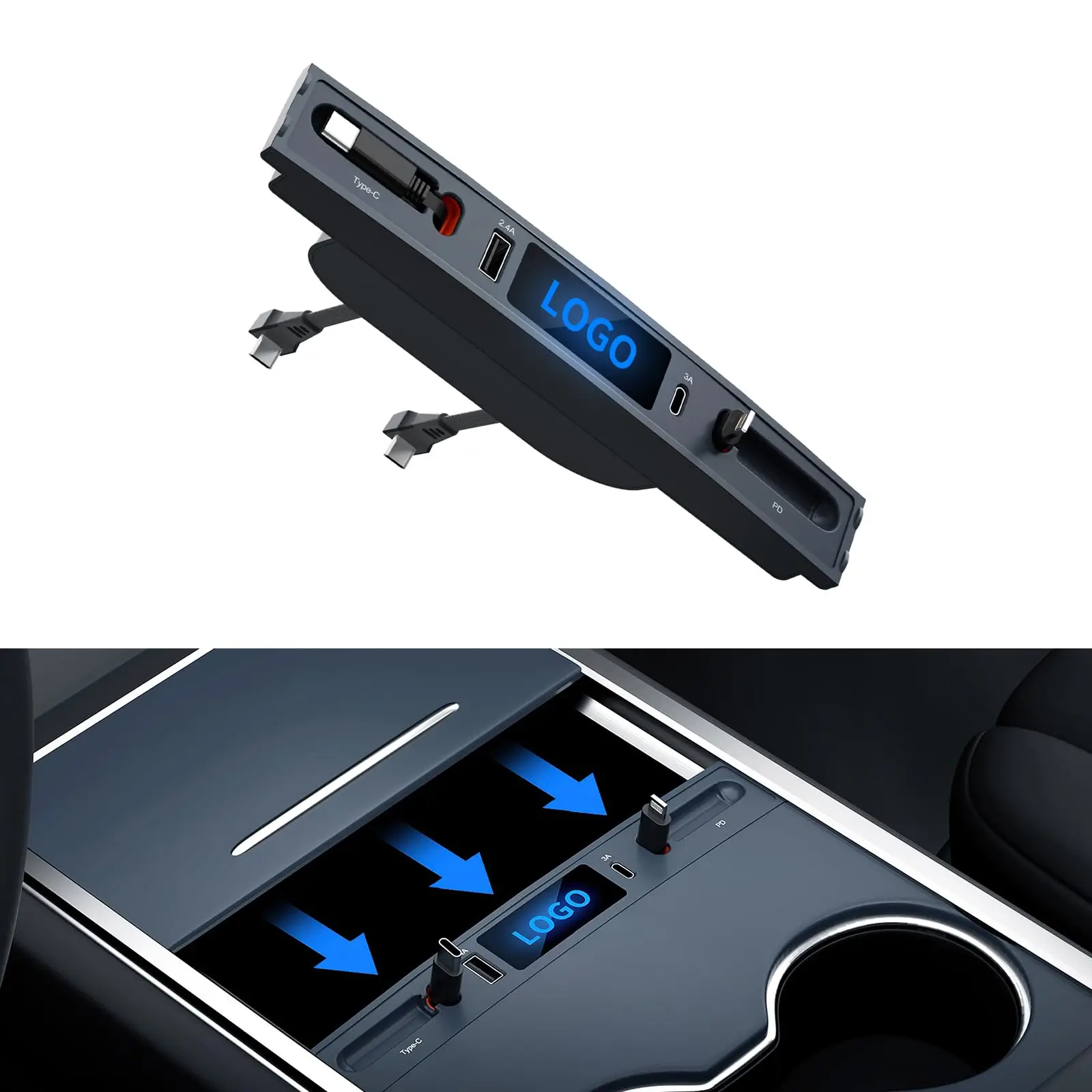 Docking Station Center Console USB Hub for Tesla Model 3 Model Y 2021 2022 2023 20204 with Retractable Fast Charging Cable
