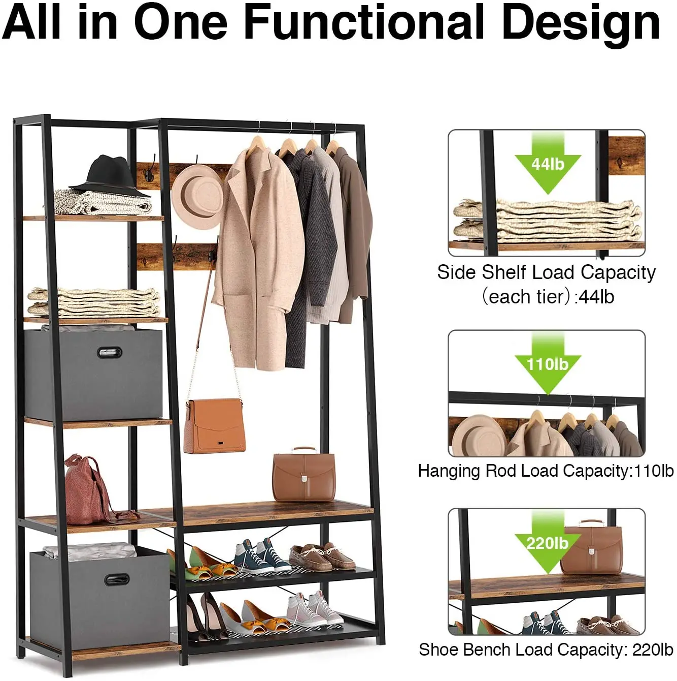 Hall Tree with Shoes Storage Bench, 5-in-1 Entryway Coat Rack with 2 Foldable Storage Cubes and 9 Hooks