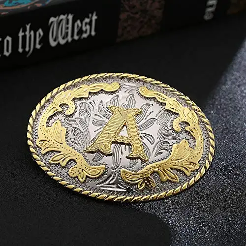 Custom Western Belt Buckle Initial Letters ABCDEFG Cowboy Rodeo Gold Large Belt Buckle for Men Women (ABC-Z)