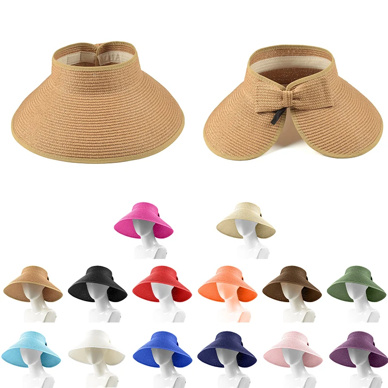 Fashion Women Wide Brim Empty Top Foldable Girl Straw Beach Hats Women Straw Summer Bow Visor Cap