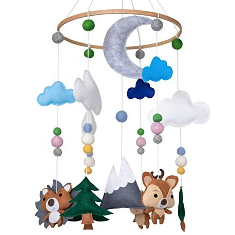 Modern Nordic Boho Organic Wood Frame Hanging Toys Moon Star Cloud Felt Nursery Baby Mobiles