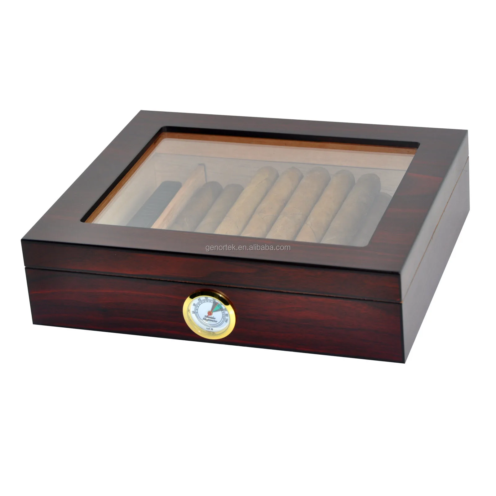 Wholesale Custom 20-25 Count Desktop Spanish Cedar Wood Cigar Case Luxury Tempered  Glass Top Wooden Cigar Humidor