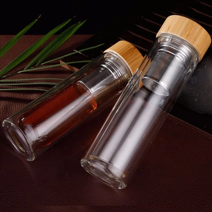 Hot Selling Product 2020 Multifunctional Double Wall Glass Bottle With Bamboo Lid and Phone Holder Tea Infuser