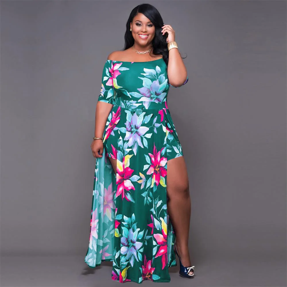 New Arrive Spring Fall Women Clothing Plus Size Floral Layered Ruffle Off Shoulder Dress