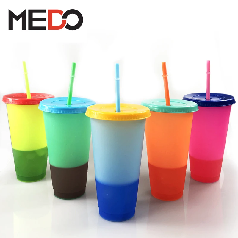 700ml drink juice water tumbler temperature gradient reusable pp 24oz color changing plastic cup with straw