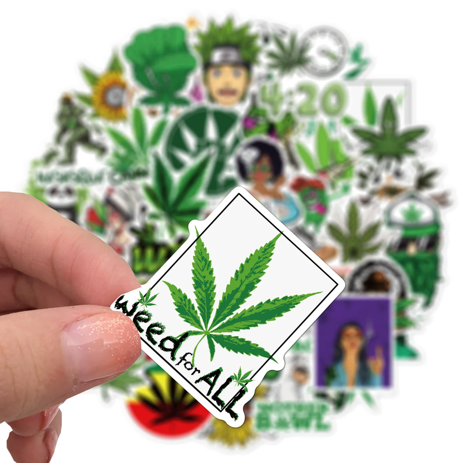 50Pcs Green Spoof Graffiti Weed Stickers For Skateboard Notebook Luggage Motorcycle Laptop Vinyl Smoking Stickers