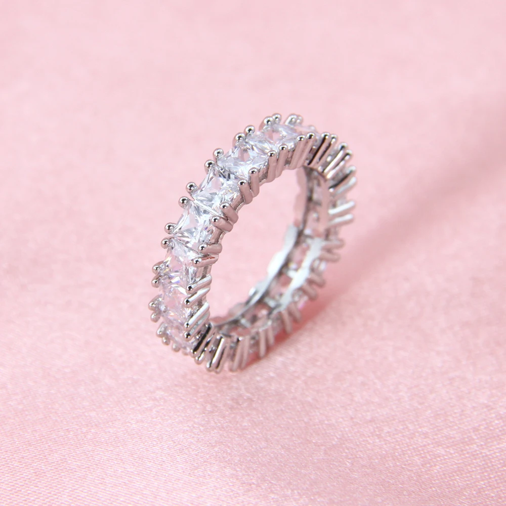 sparkle jewelry anillos de moda 4mm zircon square CZ copper brass eternity band ring
