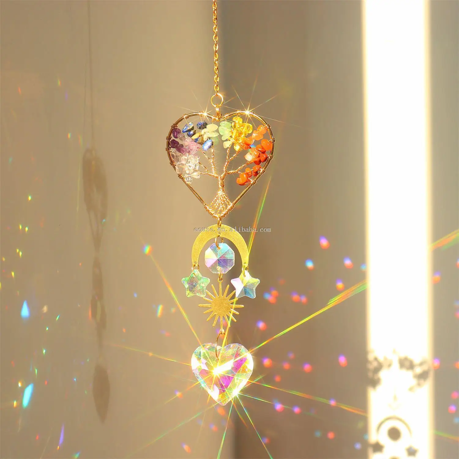 Golden Tree of Life Love Heart shaped Crystal Catcher Hanging Window Sun Prism Decoration Indoor Rainbow Maker
