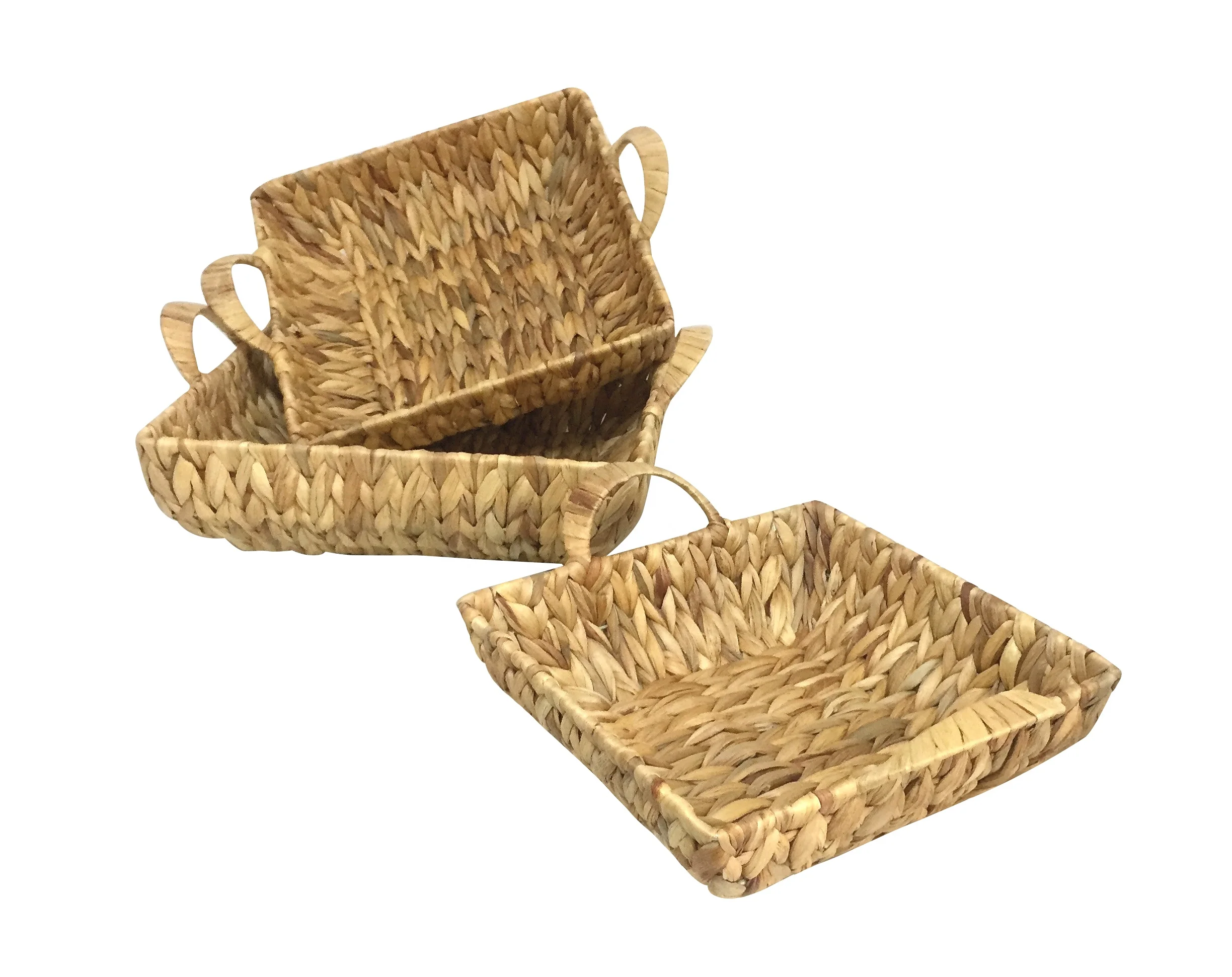 XH Set of 3 Handwoven Natural Water Hyacinth seagrass Square Shape Trays with Handles